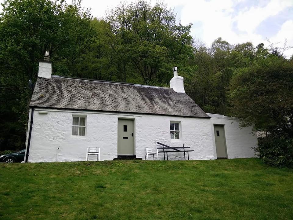 Exterior repaint in the Borders: whitewashed cottage with sage-green doors